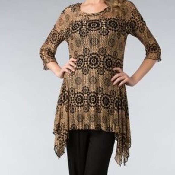 NWOT Dalin Black/Tan Flowered Lacey Asymmetrical Tunic - XL - Picture 8 of 9